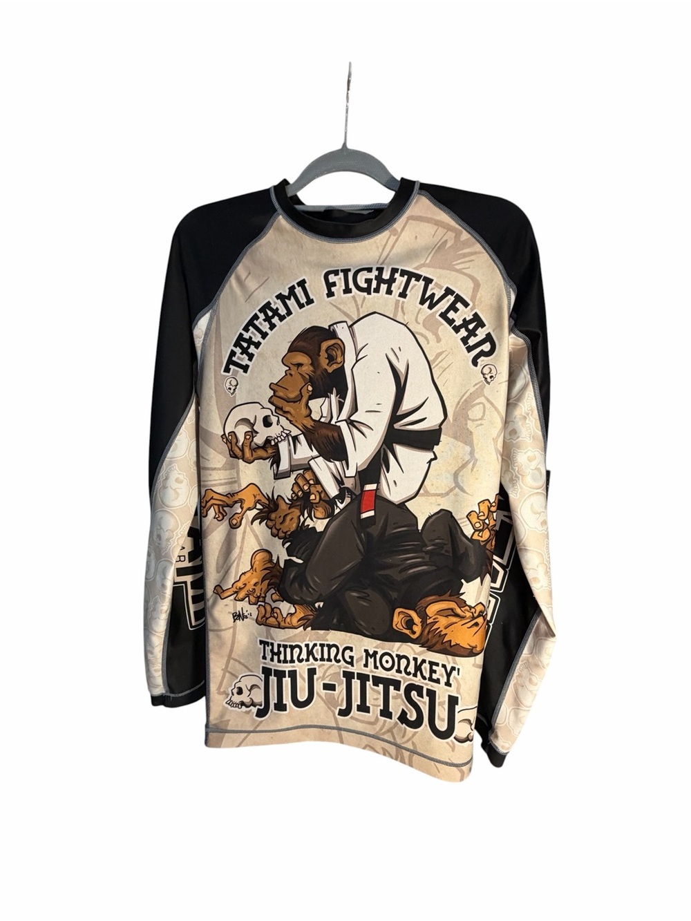 Tatami Fightwear "Thinking Monkey" Jiu-Jitsu Rash Guard - Beige & Black Sz Med